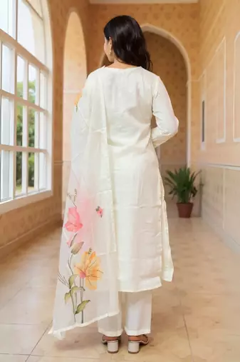 Off white embroidered pure cotton kurta trouser dupatta set