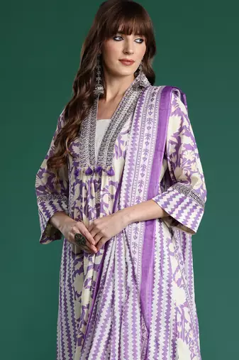 Lavender printed pure cotton kurta trouser dupatta set