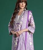 Lavender printed pure cotton kurta trouser dupatta set
