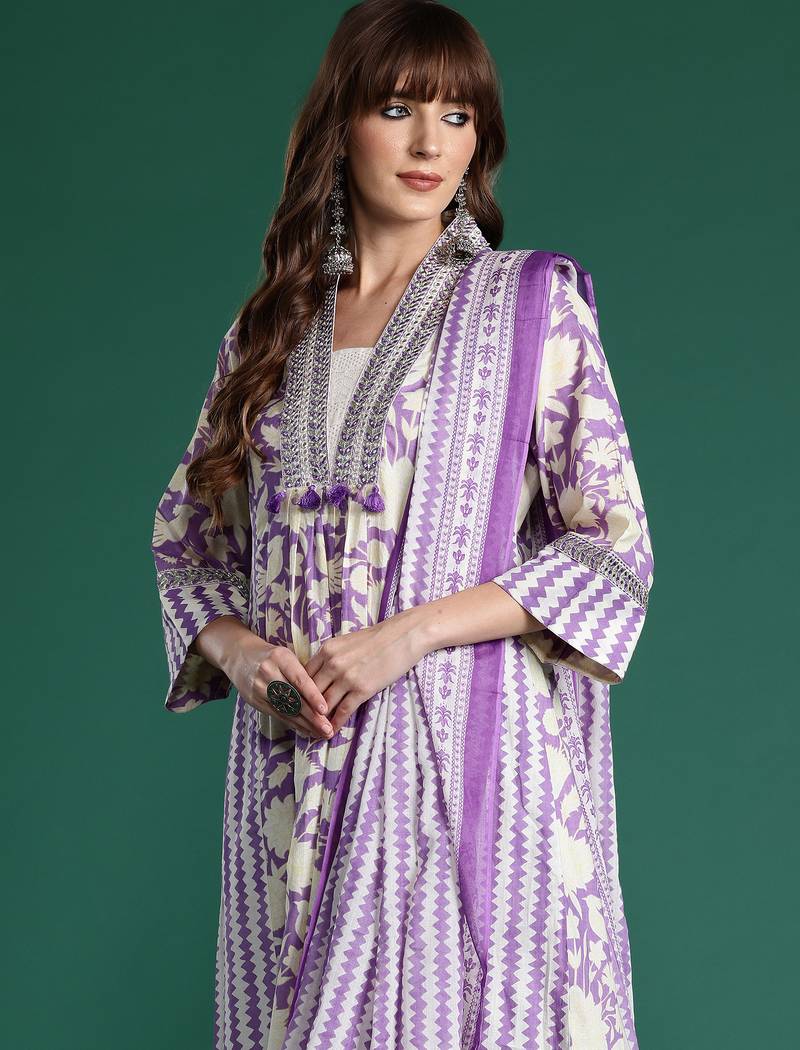Lavender printed pure cotton kurta trouser dupatta set