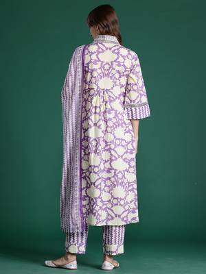 Lavender printed pure cotton kurta trouser dupatta set 2