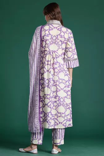 Lavender printed pure cotton kurta trouser dupatta set
