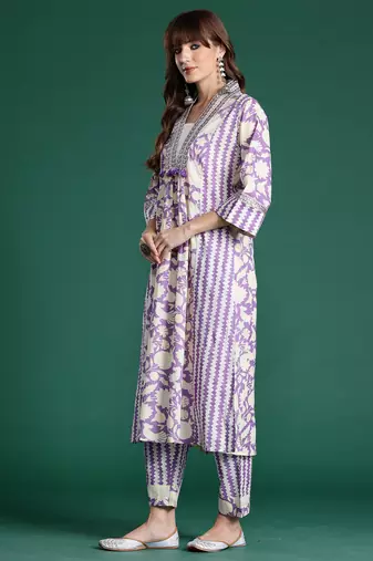 Lavender printed pure cotton kurta trouser dupatta set
