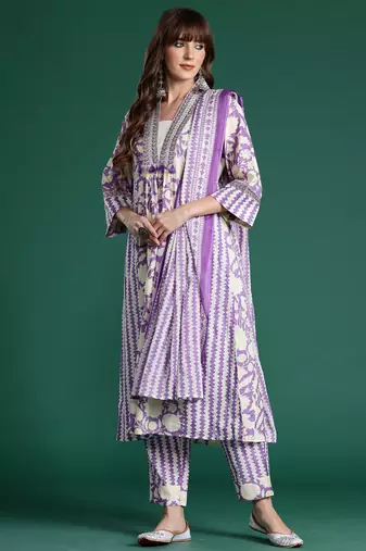 Lavender printed pure cotton kurta trouser dupatta set