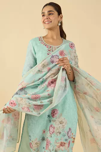 Blue embroidered linen kurta trouser dupatta set