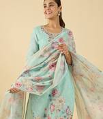 Blue embroidered linen kurta trouser dupatta set