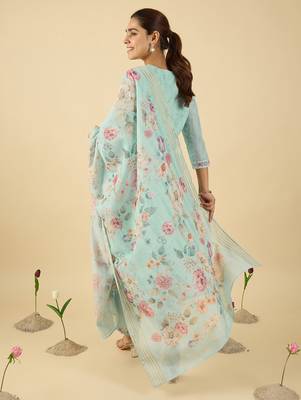 Blue embroidered linen kurta trouser dupatta set 2