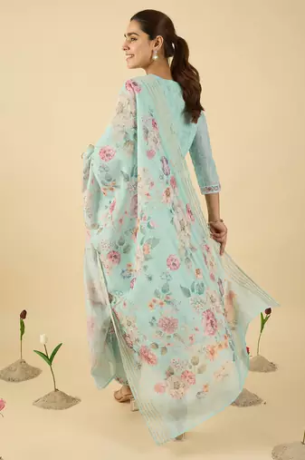 Blue embroidered linen kurta trouser dupatta set