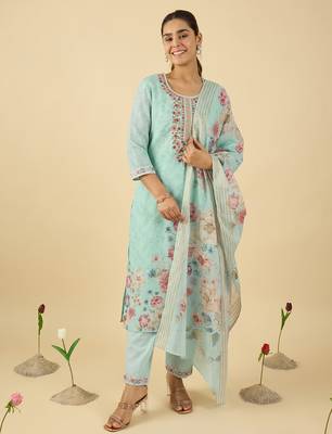 Blue embroidered linen kurta trouser dupatta set 4