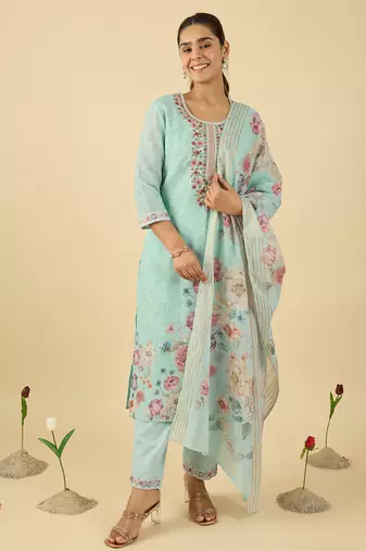 Blue embroidered linen kurta trouser dupatta set