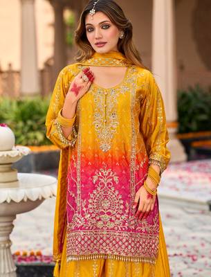 Yellow embroidered silk kurta trouser dupatta set 1