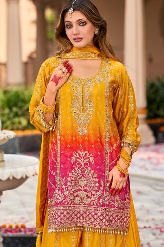 Yellow embroidered silk kurta trouser dupatta set