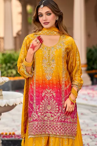 Yellow embroidered silk kurta trouser dupatta set