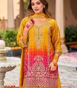 Yellow embroidered silk kurta trouser dupatta set
