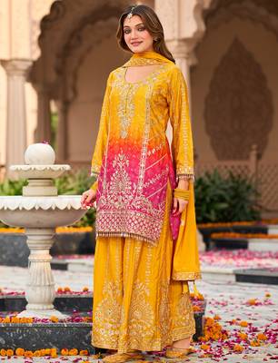 Yellow embroidered silk kurta trouser dupatta set 2