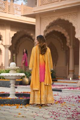Yellow embroidered silk kurta trouser dupatta set 3