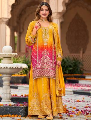 Yellow embroidered silk kurta trouser dupatta set 4