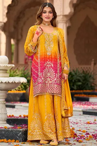 Yellow embroidered silk kurta trouser dupatta set
