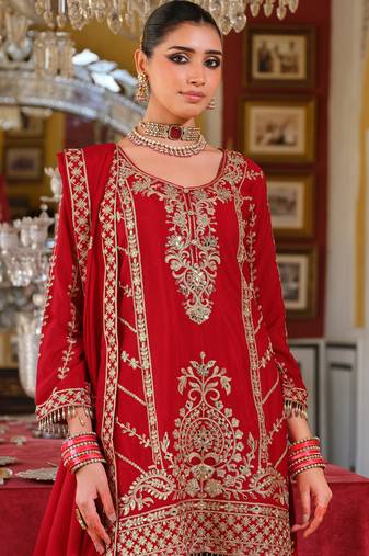 Red embroidered chinon kurta trouser dupatta set