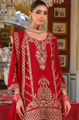 Red embroidered chinon kurta trouser dupatta set