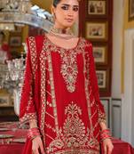 Red embroidered chinon kurta trouser dupatta set