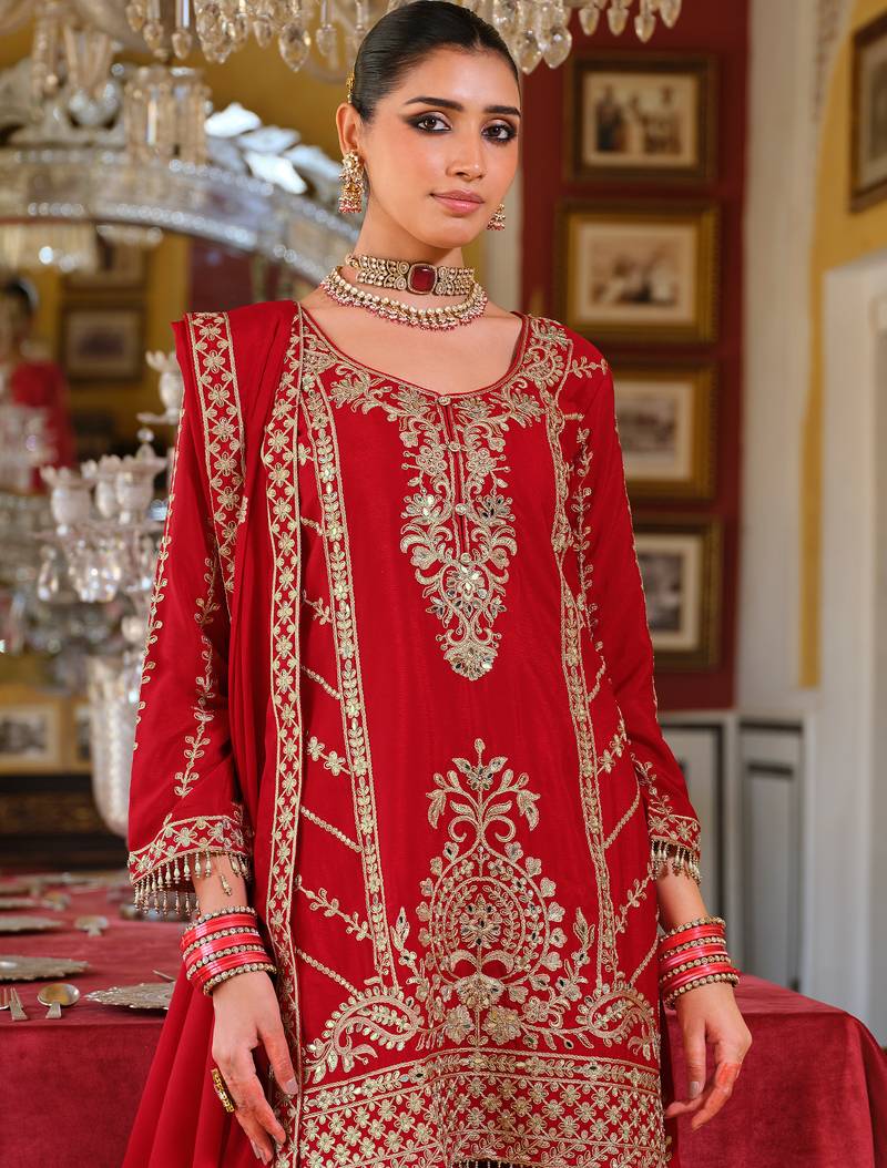 Red embroidered chinon kurta trouser dupatta set