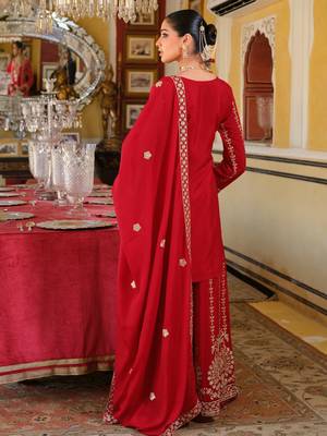Red embroidered chinon kurta trouser dupatta set 2