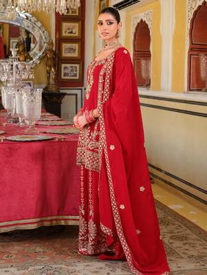 Red embroidered chinon kurta trouser dupatta set 3