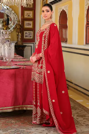 Red embroidered chinon kurta trouser dupatta set
