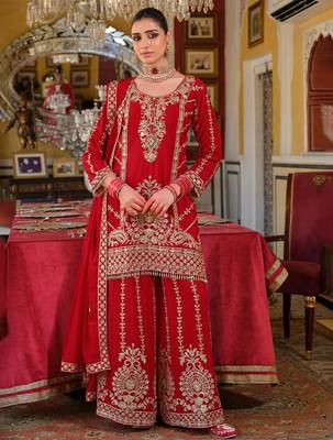 Red embroidered chinon kurta trouser dupatta set 4