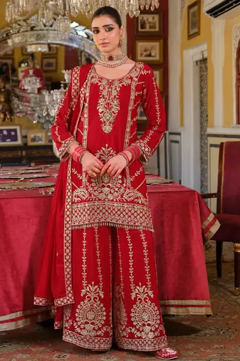 Red embroidered chinon kurta trouser dupatta set