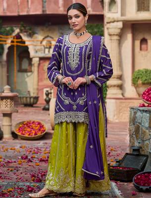 Purple embroidered chinon kurta trouser dupatta set 1