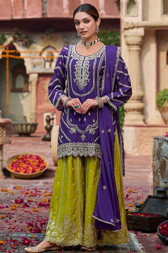 Purple embroidered chinon kurta trouser dupatta set