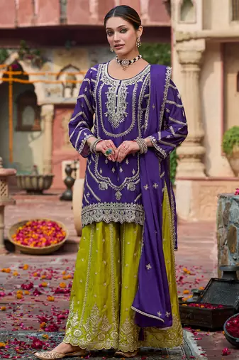Purple embroidered chinon kurta trouser dupatta set