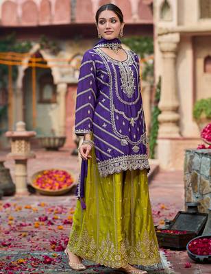 Purple embroidered chinon kurta trouser dupatta set 3