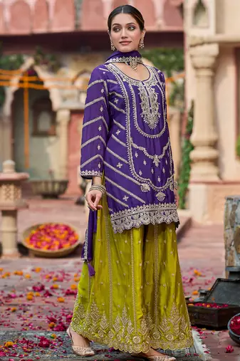Purple embroidered chinon kurta trouser dupatta set