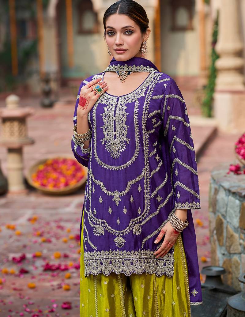 Purple embroidered chinon kurta trouser dupatta set