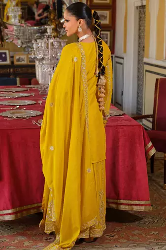 Yellow embroidered chinon kurta trouser dupatta set