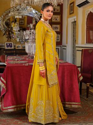 Yellow embroidered chinon kurta trouser dupatta set 3