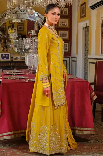 Yellow embroidered chinon kurta trouser dupatta set