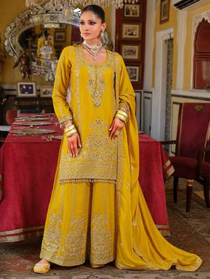 Yellow embroidered chinon kurta trouser dupatta set 4