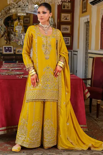 Yellow embroidered chinon kurta trouser dupatta set