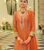 Orange embroidered chinon kurta trouser dupatta set