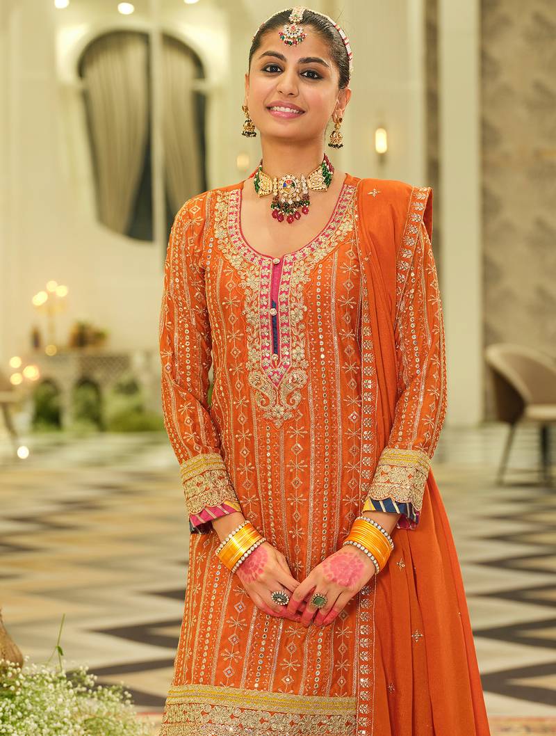 Orange embroidered chinon kurta trouser dupatta set