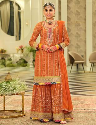 Orange embroidered chinon kurta trouser dupatta set 3