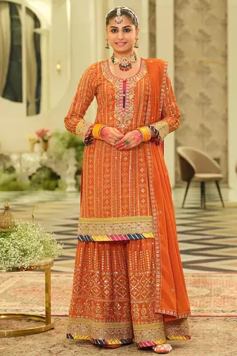 Orange embroidered chinon kurta trouser dupatta set