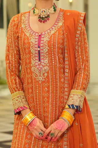 Orange embroidered chinon kurta trouser dupatta set