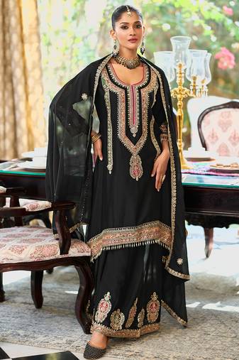 Black embroidered chinon kurta trouser dupatta set