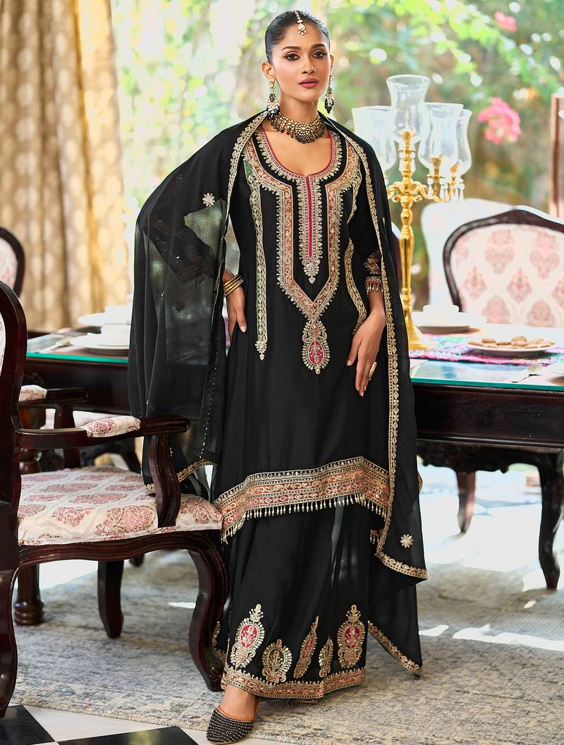 Black embroidered chinon kurta trouser dupatta set