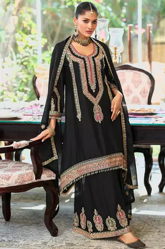 Black embroidered chinon kurta trouser dupatta set